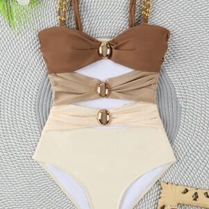 Brown and Cream Swimsuit with Gold Accents